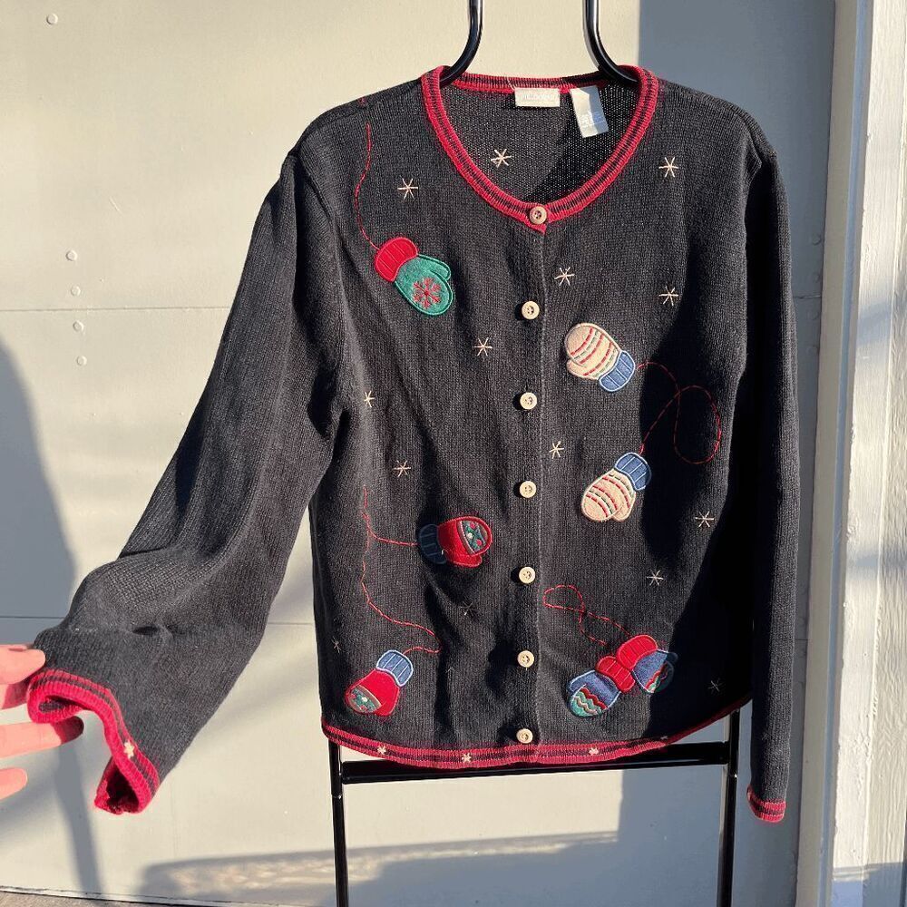 Vintage Fieldgear Holiday Knit Cardigan with Mittens Embroidery - Size L